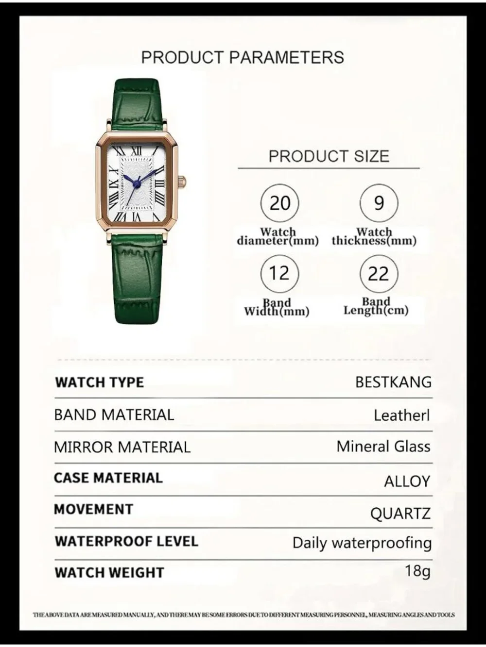 Women's Green Rose Gold White Leather Strap Vintage Rectangle Elegant Wristwatch
